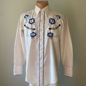 Vintage White and Blue Embroidered Men's Western Shirt
